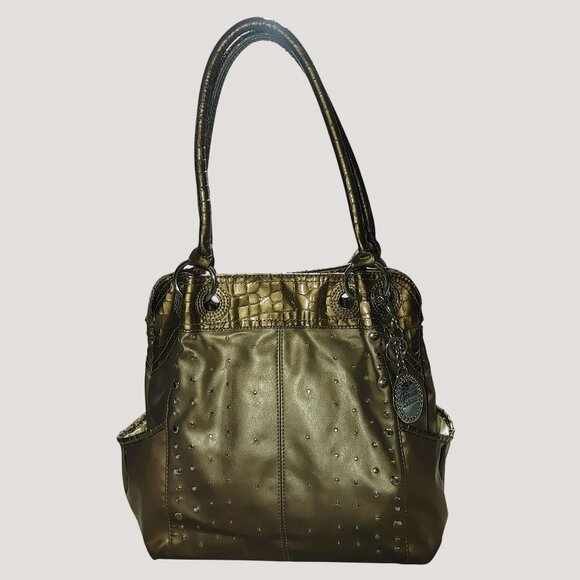 Gemma DeRossi Gold Metallic Studded Faux Leather Tote Bag Croc Emboss Trim Charm - Picture 1 of 7